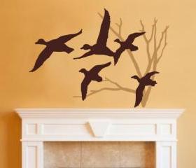 Ducks in Flight and Bare Tree Two Color Choice Vinyl Wall Decal 22218