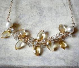 SALE 30% OFF - Aquamarine and Citrin crochet gold wire necklace