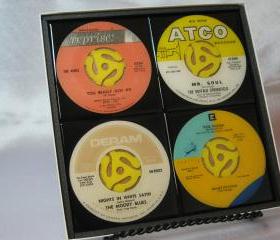 Classic Rock Set, Beautiful 4 pc. Set of Collectible 45 rpm Record Drink Coasters (The Kinks, Buffalo Springfield, Moody Blues, Neil Young)