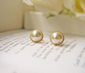 Vintage Acrylic Ivory Pearl Cabochon Post Earrings. Gold Bezel Setting. Elegant. Timeless.