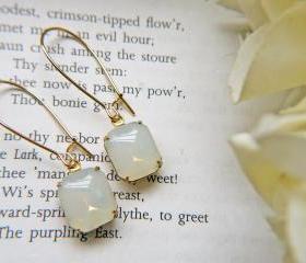 Vintage Opalite Glass Earrings. Octagon Brass Setting. Dainty. Romantic