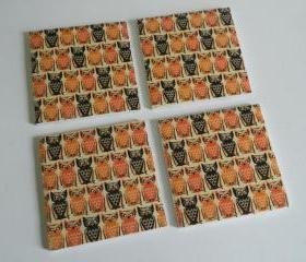 Orange and Black Owl Print Tile Coasters