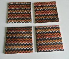Orange and Black Chevron Print Tile Coasters