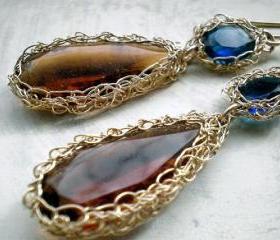SALE 30% OFF - Crochet gold earrings - Golden Brown - OOAK