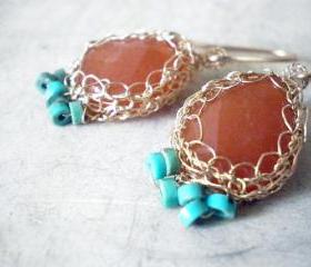 SALE 30% OFF - Crochet Red Aventurine, Turquoise, and 14k gold filled earrings