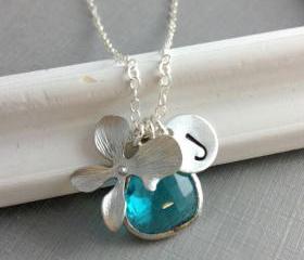 Monogrammed Orchid Jewelry, Bridesmaid Gift, Orchid Theme Wedding, Monogram Necklace, Ocean Blue, Initial Stamped Charm, Christmas Gift