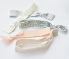 5 Hair Ties, Elastic Ribbon Hair Ties, Glitter Peach by Lucky Girl
