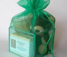 Green Organza Spa Cube Gift Set with Shea Butter Natural Soap for Birthday or Christmas Gift