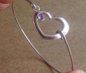 Purple Rhinestone Heart Bangle Bracelet, Simple Everyday Jewelry, Elegant gift, Bridesmaid Gift, Bridal Wedding Jewelry