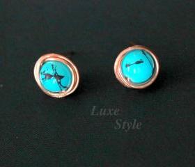 Turquoise stud Ear Rings Copper Metal Post Ear Rings Handmade Jewelry Wire Wrapped Gifts for her Luxe Style