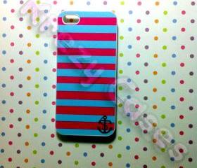 Iphone 5 Case, New iPhone 5 case - Pink and turquoise Stripe Anchor iPhone 5 Case, iphone 5 Cover , Case for iPhone 5