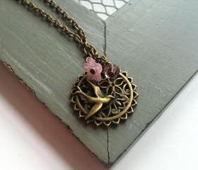 Pink Antique Bronze Bird and Flower Wreath Necklace
