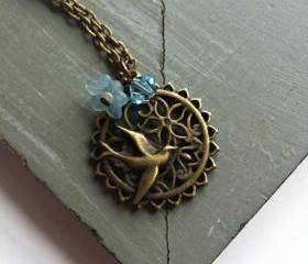 Blue Antique Bronze Bird and Flower Wreath Necklace