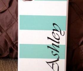 iPhone 4 / 4S Mint Green Stripe Personalised Hard Case