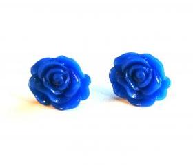 Navy Blue Cabochon Flower Earrings