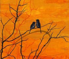 Moment of Silence 8x10 Fine Art Print sunset lovebirds dusk red robins orange landscape silhouette birds Canadian artist Vancouver Oladesign Olga Cuttell