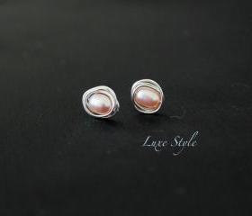 Stud Earrings Wire wrapped Sterling silver pearl post earrings simple classic jewelry Luxe Style
