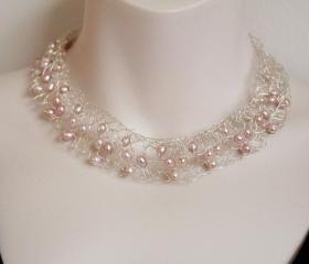 Pearl Bridal Necklace Classic Statement Jewelry Sterling Silver Wire wrapped Contemporary 