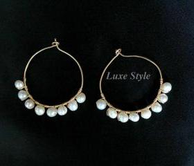 Hoop Earrings 14kt Gold Filled Classic Earrings Pearl Wire wrapped Luxe Style