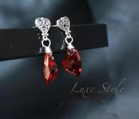 Heart EarRings Drop earrings Swarovski Red Hear magma Earrings sterling silver Love Jewelry 