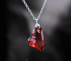 Heart Pendant in Red Swarovski Crystal Sterling Silver 18' Chain Included 