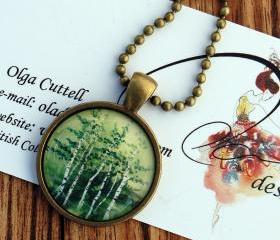 Glass Antique Bronze Pendant 'Tranquil Grove' Oladesign watercolor art green birch colourful tree round jewelry chain handmade Canadian 