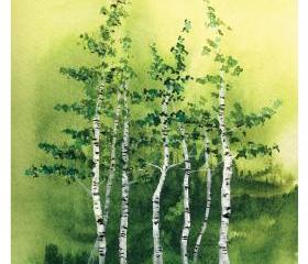 8x10 'Tranquil Grove' Fine Art Print birch trees woods forest natural landscape green leaves ink watercolor painting Vancouver Oladesign 