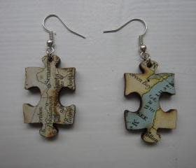 lasercut wooden map earrings - piece of the world