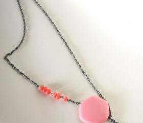 pink and black asymmetrical necklace - geometrical modern hexagonal