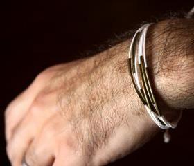 for him - adjustable bracelet metal and white waxed cotton - men and unisex bracelet