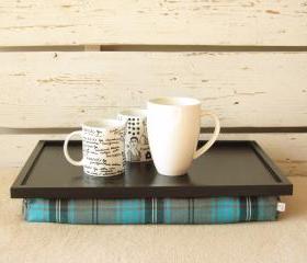  Laptop Lap Desk or Breakfast serving Tray - Black with Grey, Black and Aqua cheched plaid fabric