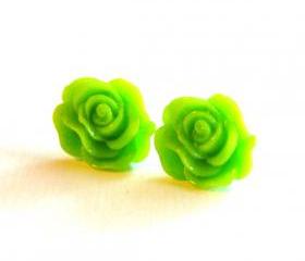 Lime Green Flower Stud Earrings
