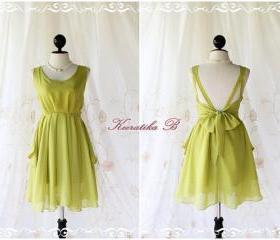 A Party - Cocktail Prom Party Dinner Wedding Night Bridesmaid Dress Lime Lemon Green Deep Back Bow Tie Gorgeous Dress