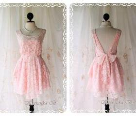 A Party Dress - V Shape Style New Back Strap Design - Cocktail Prom Party Wedding Bridesmaid Dinner Dress Light Pink Roses Lace