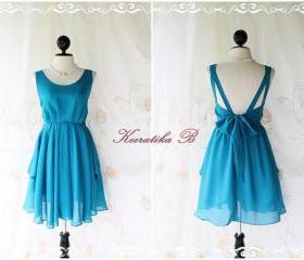 A Party V Shape - Cocktail Prom Party Dinner Wedding Night Dress Turquoise Yale Blue Lined Deep Back Bow Tie Natural Sexy Charming Looks
