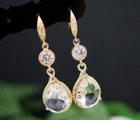 Wedding Jewelry Bridal Earrings Bridesmaid Earrings Cubic Zirconia Ear wires with Clear Glass Gold Trimmed Pear Cut Earrings