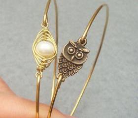 Owl and Fresh Water Pearl Bean Bangle 2 Bracelet Set