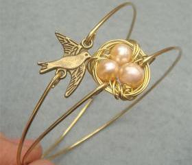 Bird and Fresh Water Pearl Nest 2 Bangle Bracelet Set