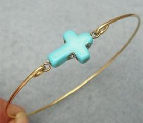 Turquoise Cross Brass Bangle Bracelet
