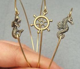 Mermaid Helm Seahorse Brass Bangle 3 Bracelet Set