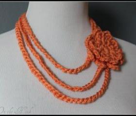 Layered Necklace Orange Cream Flower Brooch Chain Crochet Necklace