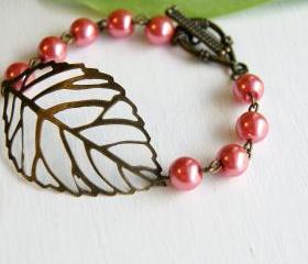 Pink Brass Leaf Bracelet 