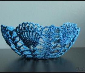 Crochet Lace Doily Bowl Basket Bright Blue