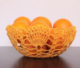 Crochet Lace Doily Bowl Basket Golden Yellow