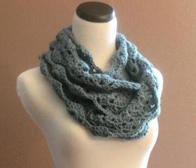 Chunky Crochet Infinity Scarf Lace Thick Cowl Neckwarmer Scarf Slate Blue