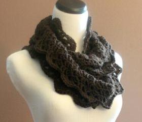 Chunky Crochet Infinity Scarf Lace Thick Cowl Neckwarmer Scarf Espresso Brown