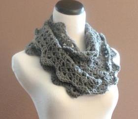 Infinity Scarf Chunky Crochet Lace Thick Cowl Neckwarmer Scarf Snood Smokey Grey
