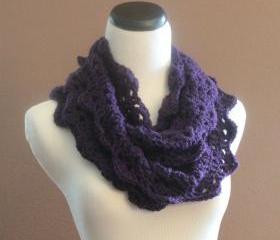 Lace Infinity Scarf Chunky Crochet Thick Cowl Neckwarmer Scarf Snood Plum Purple
