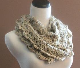 Chunky Infinity Scarf Crochet Lace Thick Cowl Neckwarmer Scarf Snood Oatmeal