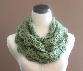 Chunky Crochet Infinity Scarf Thick Lace Cowl Neckwarmer Scarf Snood Sage Green